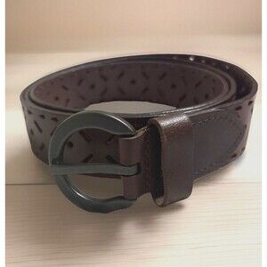 Brown Women Genuine Leather Belt Gunmetal Buckle Geometric Perforated Design 2X
